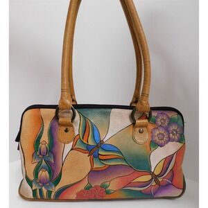 Anuschka Hand Painted Floral Butterfly Multi Compartment Shoulder Bag